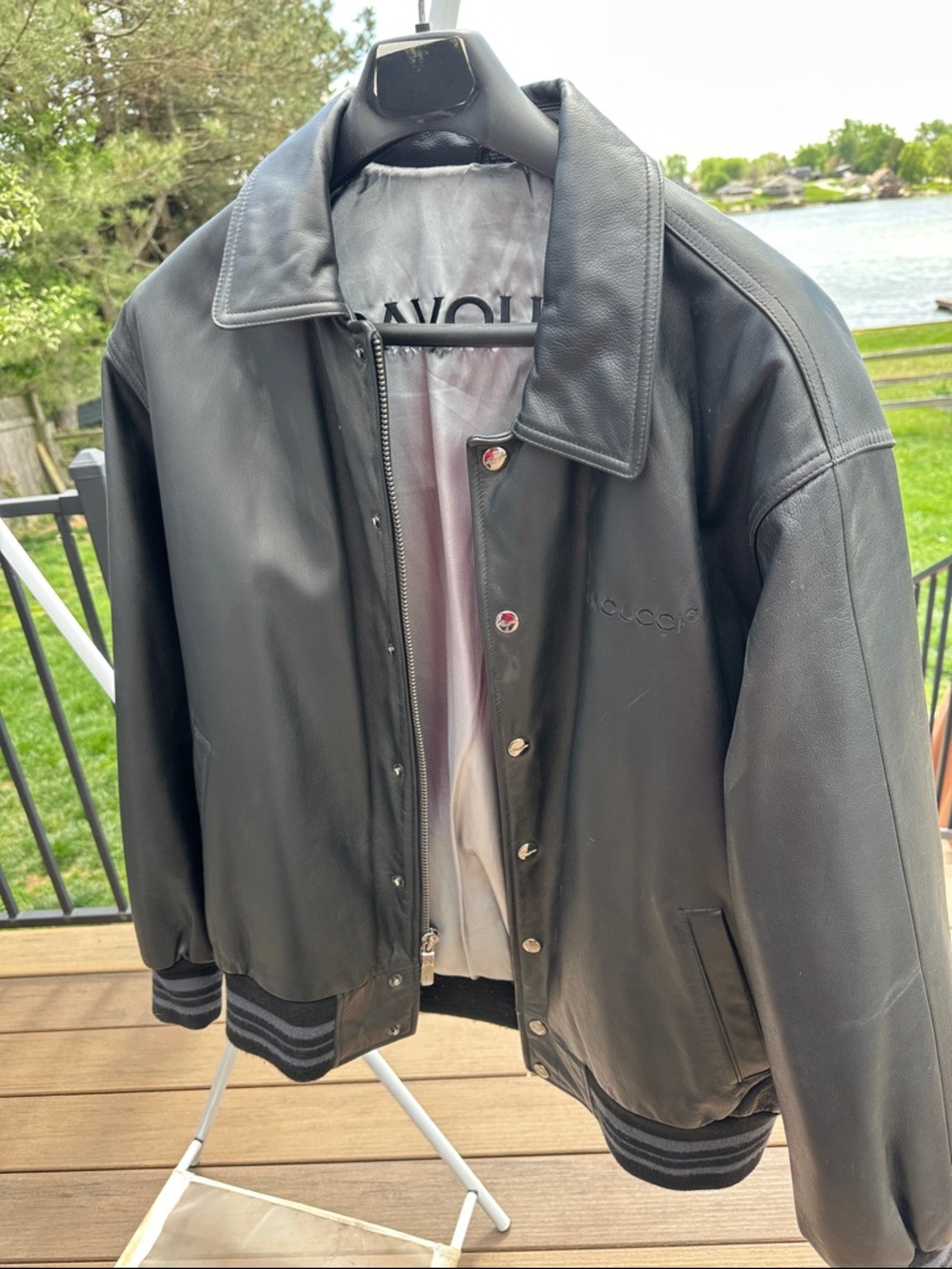 Black Leather Bomber Jacket with Ribbed Hem